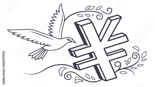 Dove flying near yen symbol with floral accents in a black and white outlined illustration style image