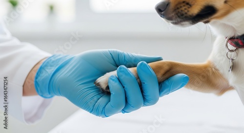 A vet wearing gloves gently holding a dog’s paw during an exam. Symbol of trust, veterinary care, and emotional connection between human and pet