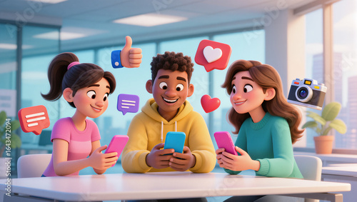 3D cartoon people using smartphones with social media icons in a modern office background communication and engagement