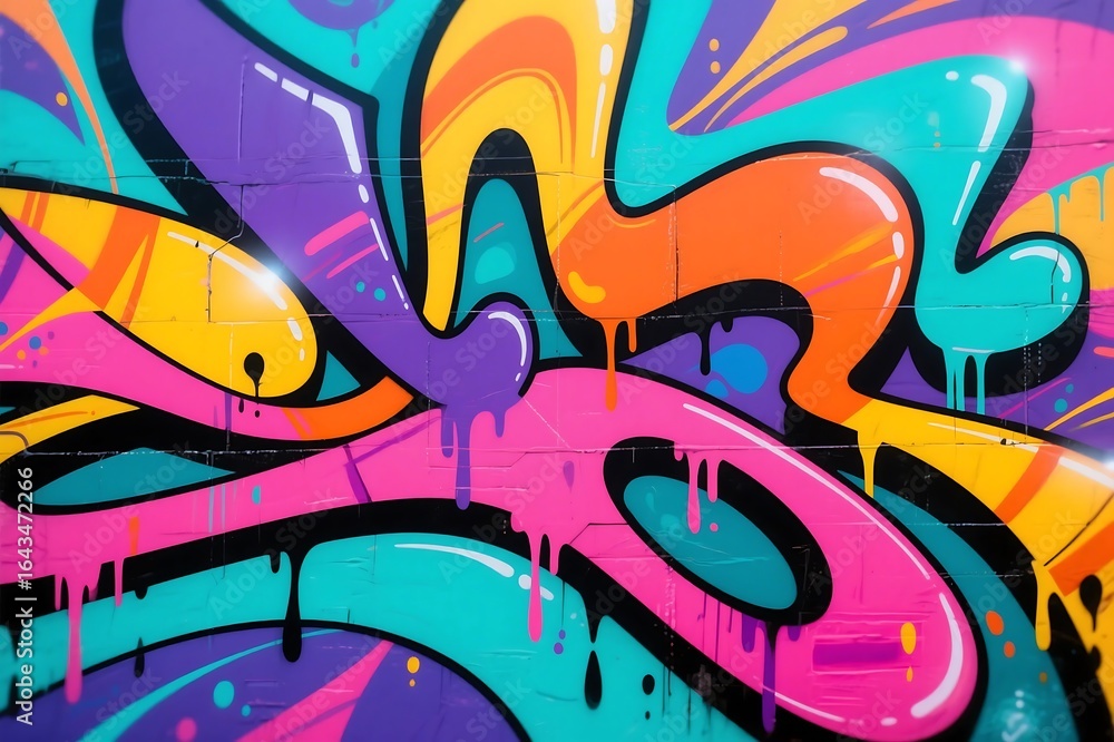 Fototapeta premium Colorful graffiti art on urban concrete wall with cartoon and artistic patterns