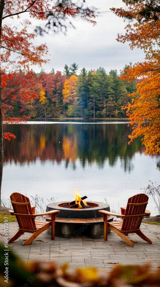 Fototapeta premium Autumn lakeside seating with firepit and scenic reflection view