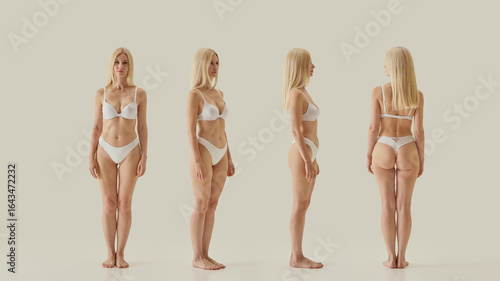 Εκτύπωση καμβά Collage of blonde woman in white lingerie posing front, side and back views with confident expression