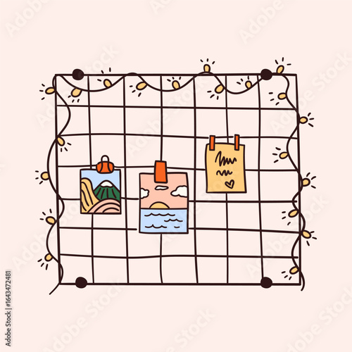 Hand drawn wire memo board with notes, photos and light garland. Doodle drawing of metal photo frame. Teenage room equipment. Vector graphic