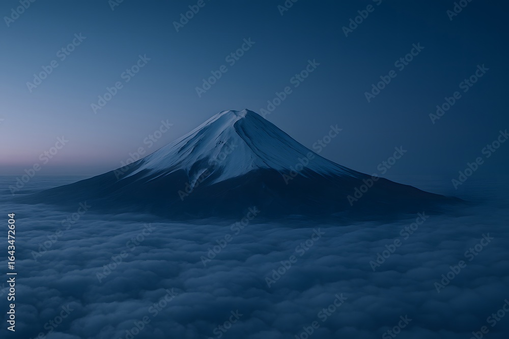 Fototapeta premium 雲海に浮かぶ雪化粧の富士山と静寂のブルーアワー