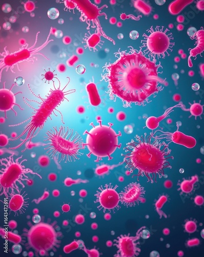 Pink microorganisms and bacteria in 3D, detailed scientific illustration with realistic textures and blue background, high resolution, 4K