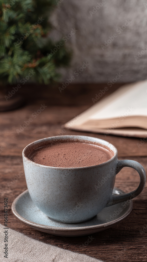 Cozy cocoa in ceramic cup on wooden table with open book nearby Cozy cocoa in ceramic cup on wooden table with open book nearby