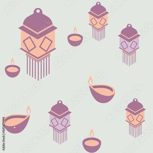 Diwali decorative lanterns and diyas displayed in a seamless pattern design. Colorful, decorative lighting fixtures and oil lamps with flickering flames on a light gray background.