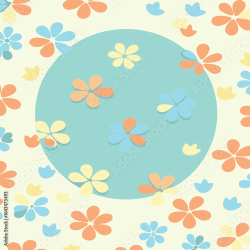 Abstract floral pattern with pastel colors in a circle shape on a pale yellow background. Simple, decorative design for various uses.