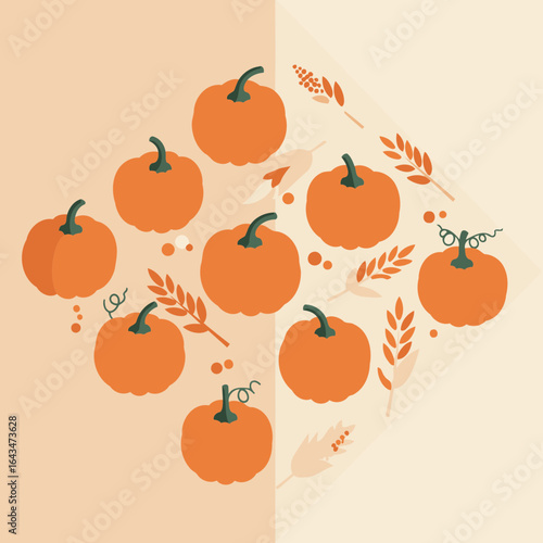 Pumpkin graphic design with fall elements on a light beige background. Displaying a multitude of pumpkins with autumnal leaves and corn, arranged in a geometric pattern.