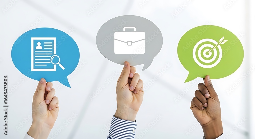 Fototapeta premium Hands holding speech bubbles with resume, briefcase, and target icons.