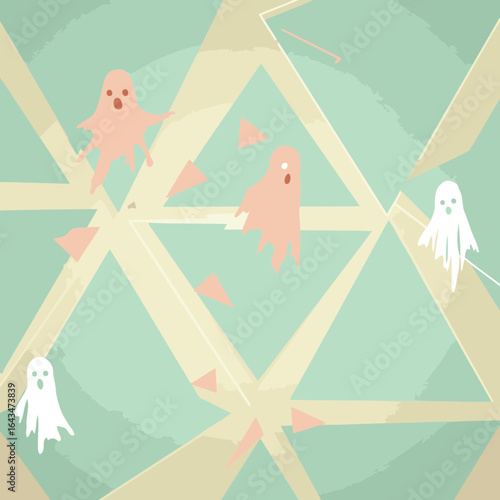 Pastel ghosts in a geometric pattern with muted colors. Floating ghostly figures in various poses against a background of intersecting triangles in a muted color palette.