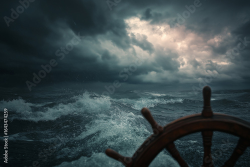 Ship wheel sailing through stormy ocean waters