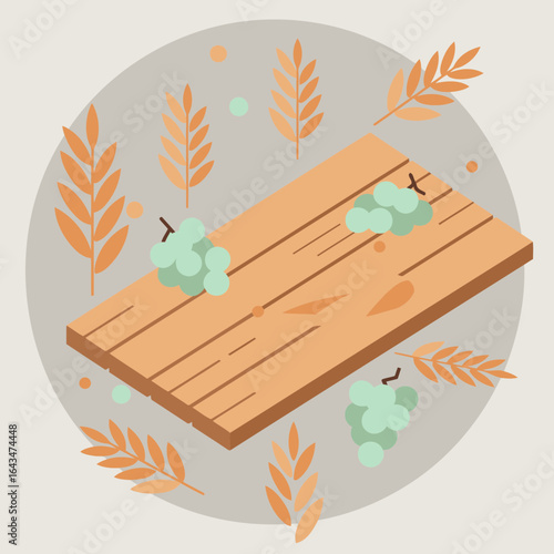 Autumnal wooden table with grapes and wheat sprigs in a neutral background. Flat lay display with natural elements.
