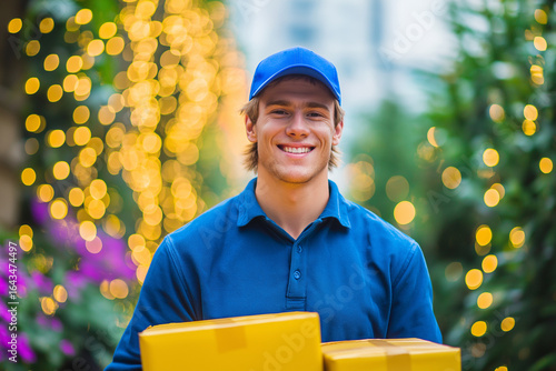 Smiling delivery man carrying packages outdoors