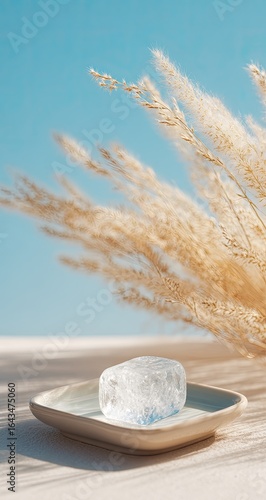 Ice cube on plate, pampas grass, summer, beach, product display