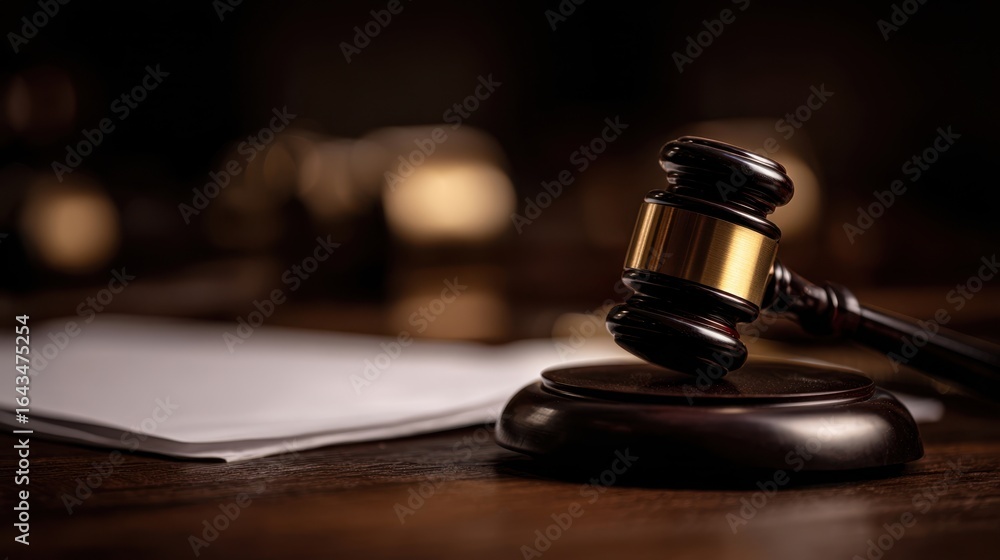 The Gavel Symbolizing Justice on a Desk in a Courtroom Setting The Gavel Symbolizing Justice on a Desk in a Courtroom Setting