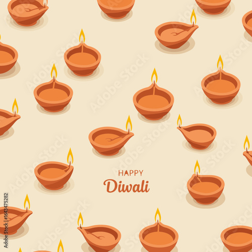 Diwali celebration with traditional terracotta diyas in a repeating pattern on a light beige background. Diyas are lit with flames, creating a festive atmosphere.