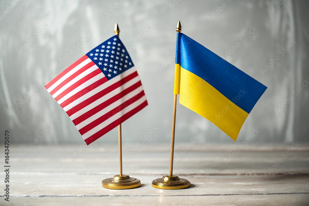 Fototapeta premium United States and Ukraine Miniature Flags on Gold Stand 