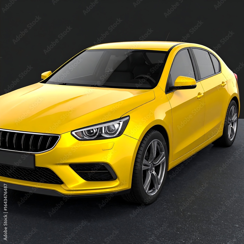 Obraz premium Yellow sedan, angled view, dark background