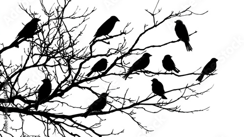 Vector illustration of birds on a tree branch, black silhouette