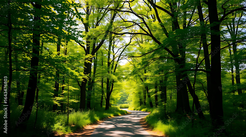 Fototapeta premium A serene footpath winds through a sun-dappled forest, its path covered in a vibrant carpet of green foliage