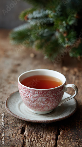 Wallpaper Mural Red patterned teacup filled with tea on rustic wooden table evokes cozy holiday mood Torontodigital.ca
