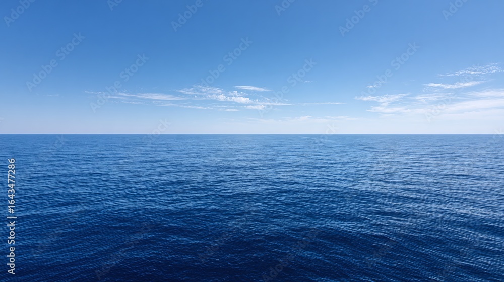 Fototapeta premium Ocean view under a clear blue sky, showing the horizon line. The sea is calm with small ripples, and a few wispy clouds are visible in the upper part of the frame.