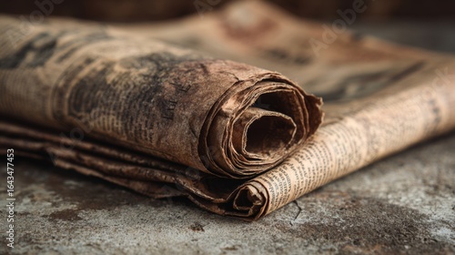 an aged newspaper with curled pages, lying flat against a textured surface that could be a wall or table