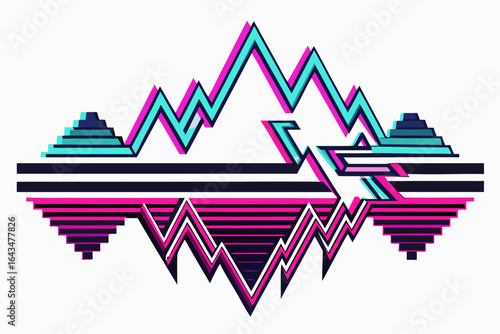 Dynamic abstract mountain range with vibrant neon circuit board lines and geometric stepped elements, perfect for tech and music visuals