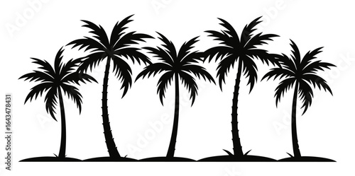 Five tropical coconut trees silhouette on white background