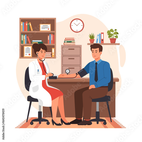 Female doctor measuring blood pressure of a male patient in a clinic. Healthcare concept.
