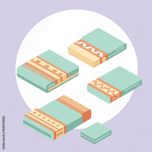 Pastel colored textiles displayed in various orientations against a light purple background. Colorful patterned wraps arranged in an isometric view.