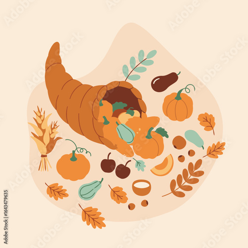 Thanksgiving cornucopia overflowing with fall produce in a flat lay style. Abundant harvest bounty with pumpkins, gourds, corn, and nuts displayed on a pale peach background.