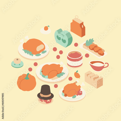 Thanksgiving dinner spread with various dishes in an isometric style. Colorful roasted poultry, pies, and sides arranged on a round table.
