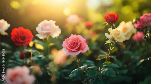 Rose flower garden bloom with pink red yellow petals in sunlight nature outdoor vibrant floral beauty fresh summer green leaves romantic blossom close up colorful peaceful atmosphere golden hour