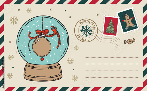 Postcard with Glass snow globe Christmas, hand drawn illustration.