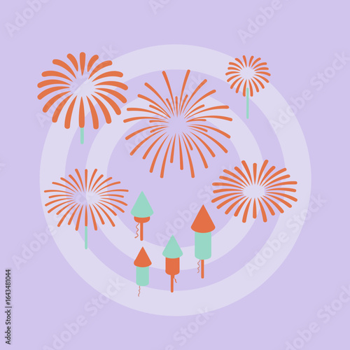 Fireworks and firecrackers in a colorful design with a pastel purple background. Simple, graphic depictions of fireworks and firecrackers in a festive design.