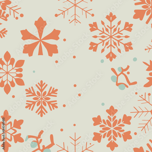 Winter snowflake pattern with muted colors in a neutral setting. Abstract design with orange and light gray snowflakes and triangular shapes, adding a wintery atmosphere.