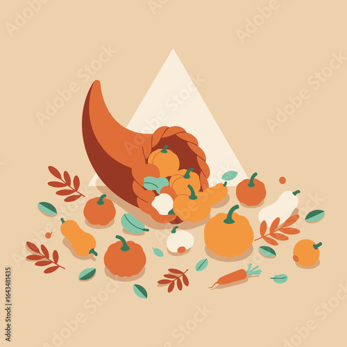 Thanksgiving cornucopia overflowing with colorful fall vegetables. Autumnal display of gourds, pumpkins, and squash scattered on a neutral background.