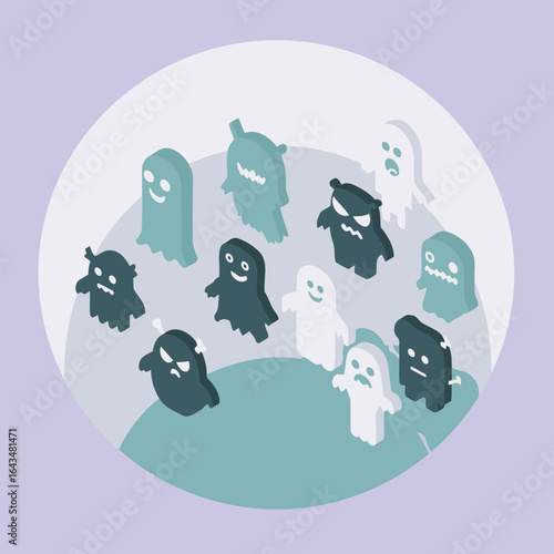 Cute cartoon ghosts and monsters in various expressions, displayed in a circular, isometric graphic design. A group of friendly and spooky characters in a Halloween themed setting.