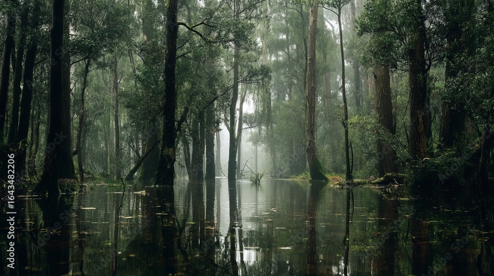 Obraz premium Serene misty forest with tall trees and calm water reflecting the tranquil atmosphere.