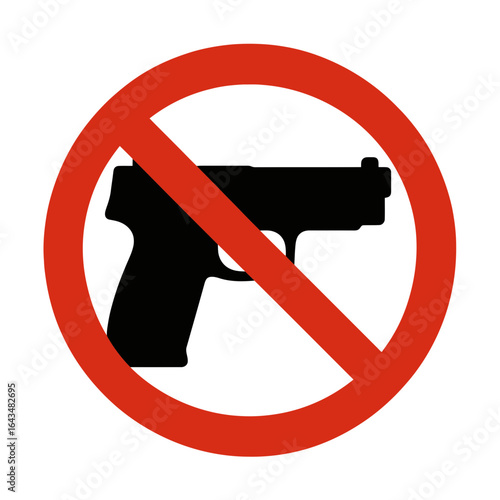 A stark vector illustration of a no guns allowed sign. Firearm prohibition symbol icon.