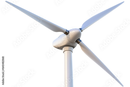 Modern wind turbine with three blades closeup on transparent background