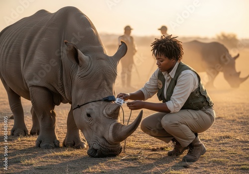 september event wildlife conservationist attaching tracker to rhinoceros