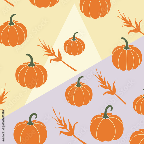 Pumpkin and wheat pattern on a pastel background. Abstract design with geometric shapes and repeating elements. No specific person or location.. Visual asset for autumnal themes.