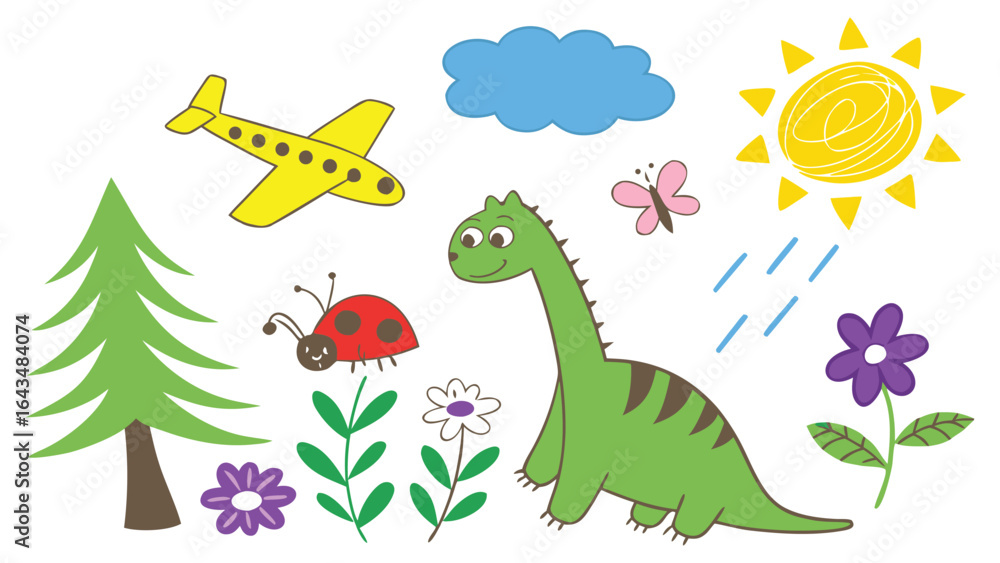 Fototapeta premium Colorful cartoon illustration of dinosaur in a sunny landscape with flowers