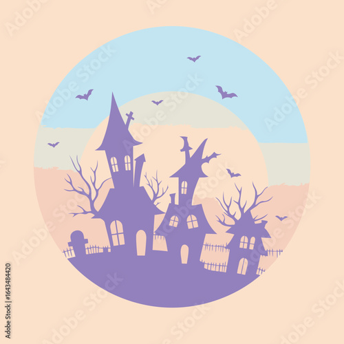 Silhouette of spooky, pastel purple haunted houses with pastel background. Silhouetted haunted houses, with bats flying in a circular sunset/moonlight backdrop.