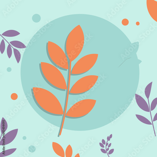 Abstract illustration of orange and teal leaves in a pastel background. Flat design with geometric shapes creating a serene aesthetic.