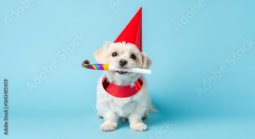 Celebratory Canine A small white dog wearing a party hat holds a noisemaker on a blue background, marking a joyful birthday or anniversary.