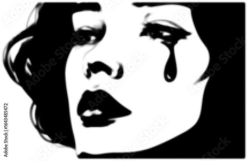 Monochrome portrait of a woman with tearful eye in halftone style illustration